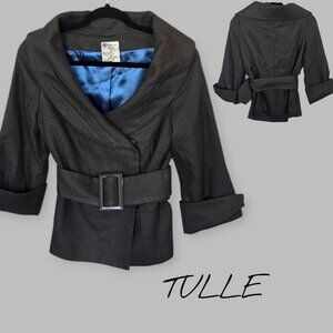 Tulle Wool Gray Shawl Collar Belted Blazer  Coat Jacket Womens  Medium